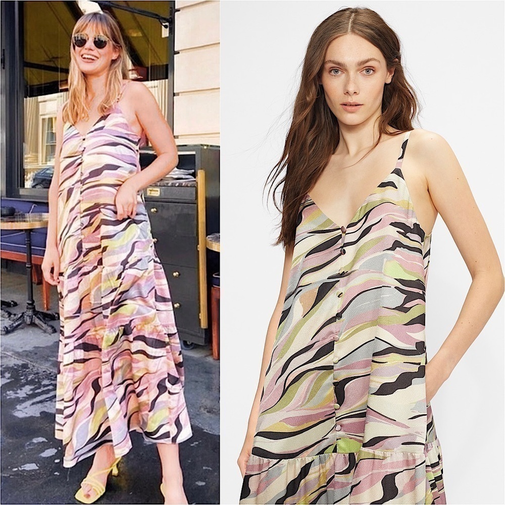 NWT TED BAKER Textured Satin Abstract Print Sleeveless Ruffle Tier Midi Dress XS